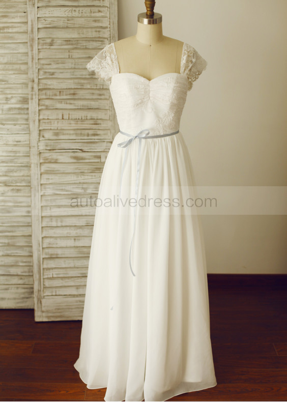 Cap Sleeves Ivory Lace Chiffon Corset Back Wedding Dress
